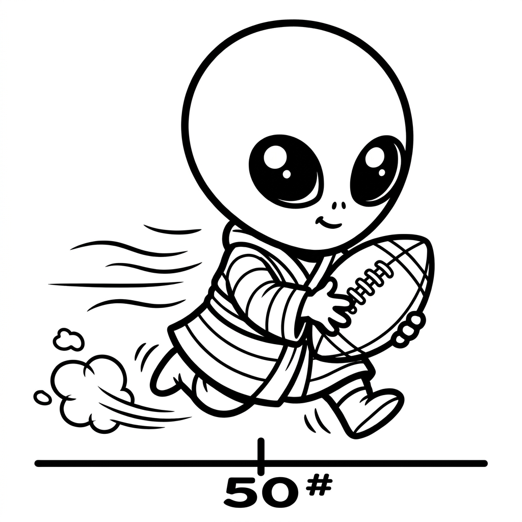 Baby Yoda coloring page running with a football